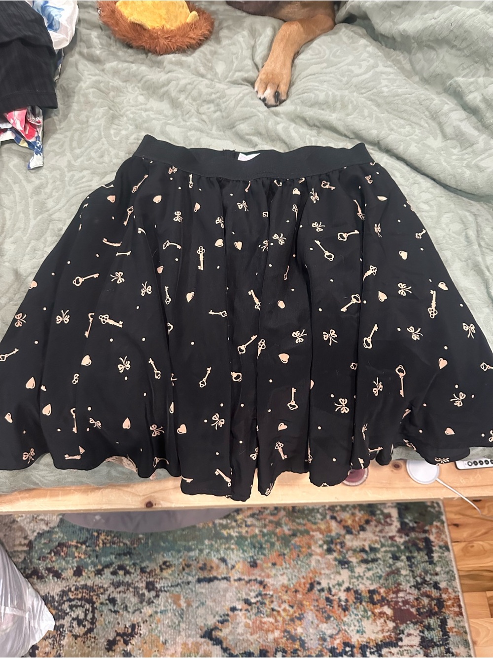 Black Skater Skirt with Gold Key & Heart Print